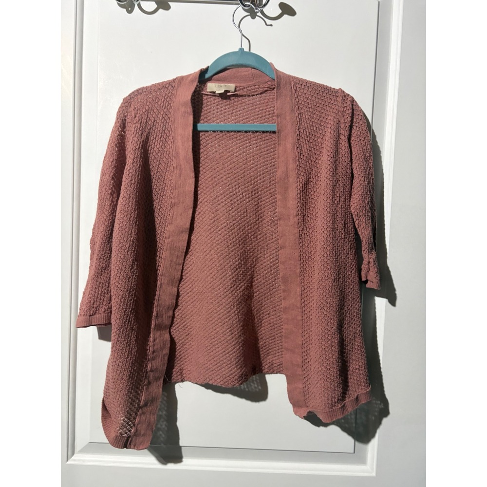 Loft Women Medium Petite Pink Textured Knit Open Front‎ Cardigan 3/4 Sleeve